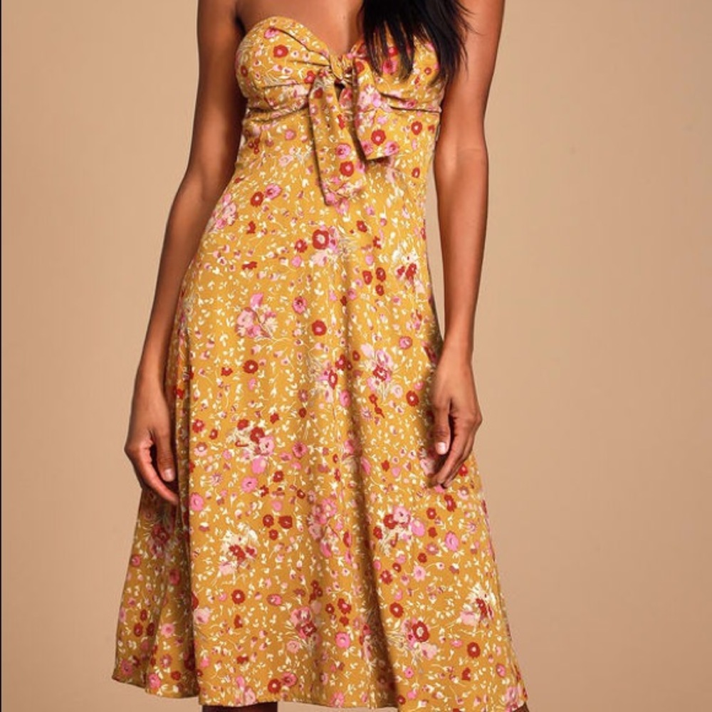 Lulus || Yellow Floral Strapless Dress